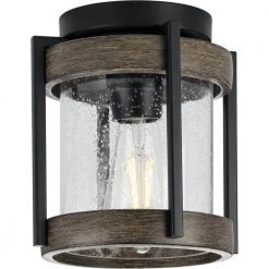 Whitmire 1-Light Matte Black with Aged Oak Accents Clear Seeded Glass Farmhouse Outdoor Ceiling Mount Light by Progress Lighting