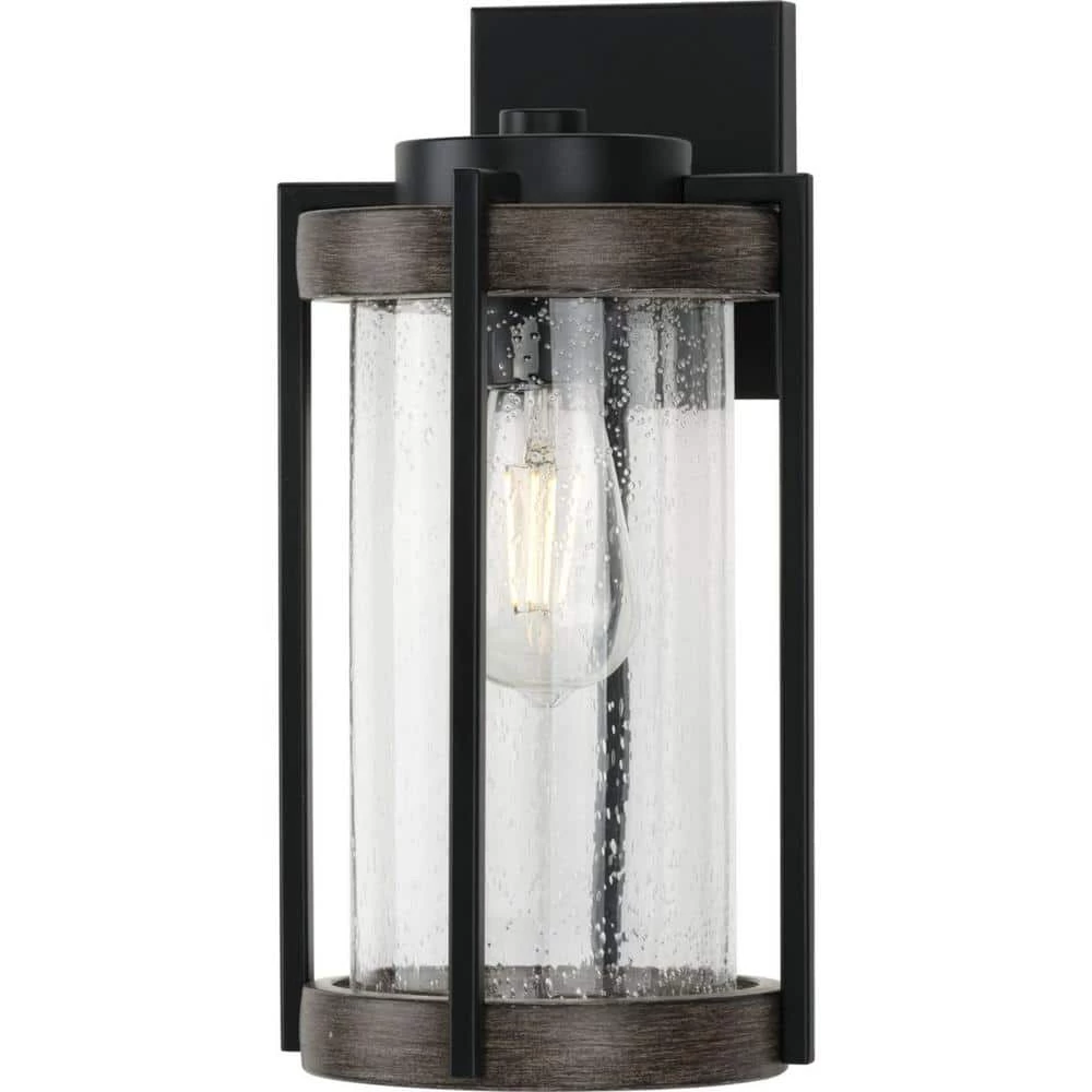 Whitmire 1-Light Matte Black with Aged Oak Accents Clear Seeded Glass Farmhouse Outdoor Wall Lantern Sconce by Progress Lighting 5 Whitmire 1-Light Matte Black with Aged Oak Accents Clear Seeded Glass Farmhouse Outdoor Wall Lantern Sconce by Progress Lighting - Image 3