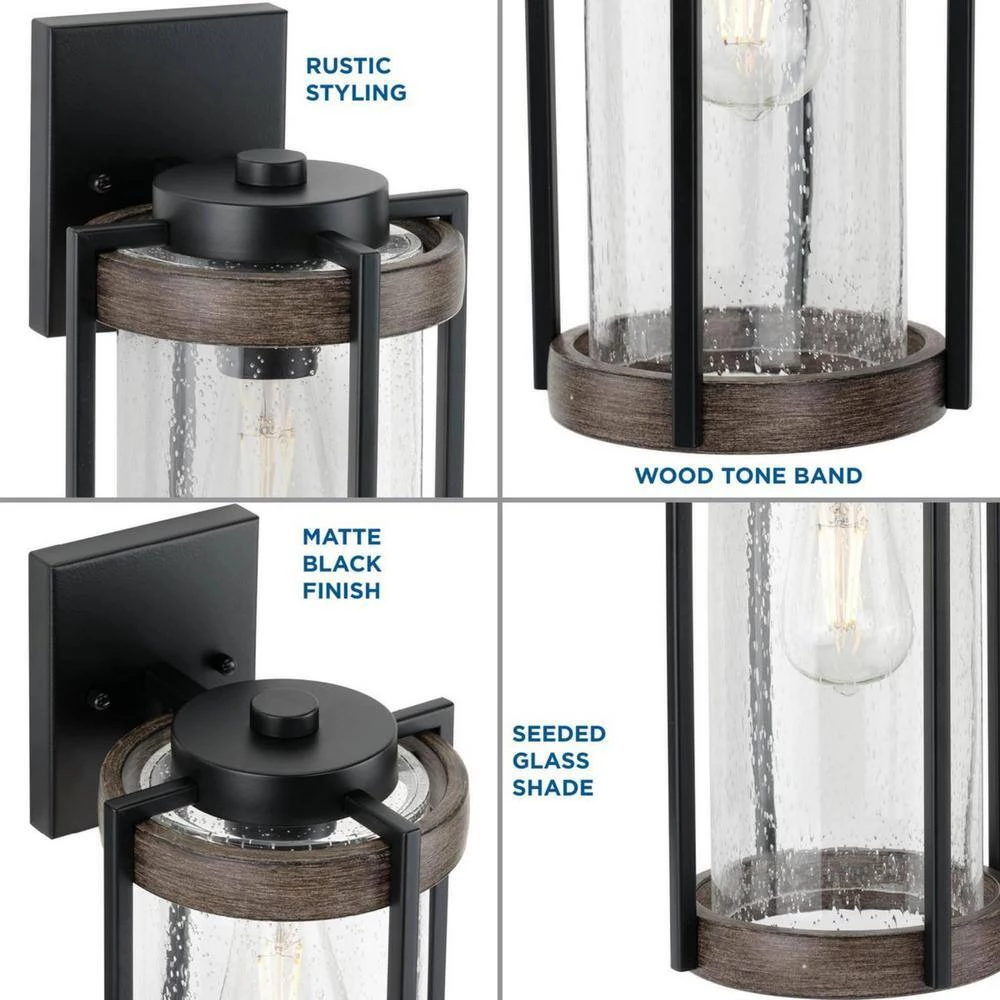 Whitmire 1-Light Matte Black with Aged Oak Accents Clear Seeded Glass Farmhouse Outdoor Wall Lantern Sconce by Progress Lighting 10 Whitmire 1-Light Matte Black with Aged Oak Accents Clear Seeded Glass Farmhouse Outdoor Wall Lantern Sconce by Progress Lighting - Image 8