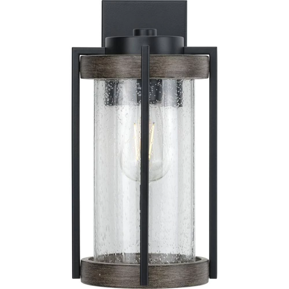 Whitmire 1-Light Matte Black with Aged Oak Accents Clear Seeded Glass Farmhouse Outdoor Wall Lantern Sconce by Progress Lighting 11 Whitmire 1-Light Matte Black with Aged Oak Accents Clear Seeded Glass Farmhouse Outdoor Wall Lantern Sconce by Progress Lighting - Image 9