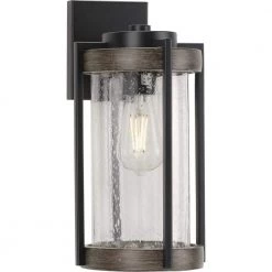 Whitmire 1-Light Matte Black with Aged Oak Accents Clear Seeded Glass Farmhouse Outdoor Wall Lantern Sconce by Progress Lighting