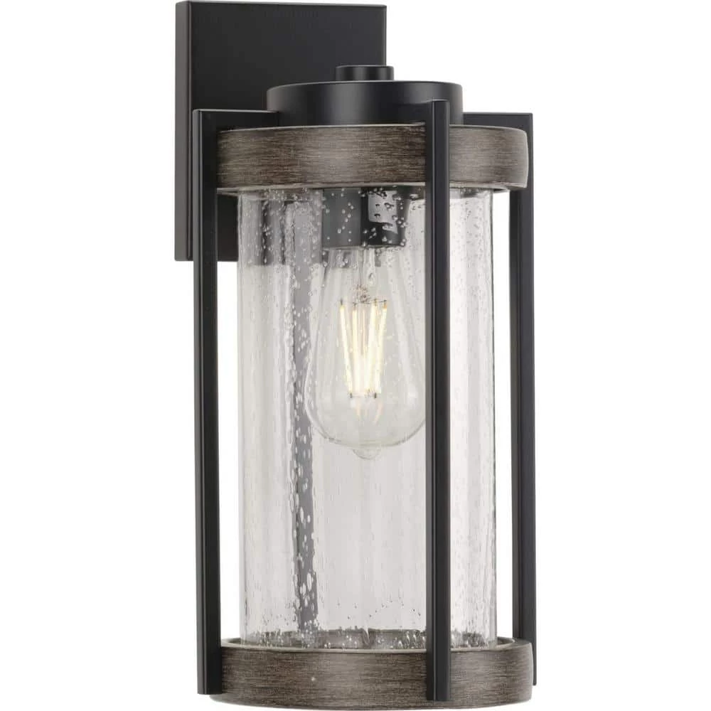 Whitmire 1-Light Matte Black with Aged Oak Accents Clear Seeded Glass Farmhouse Outdoor Wall Lantern Sconce by Progress Lighting 3 Whitmire 1-Light Matte Black with Aged Oak Accents Clear Seeded Glass Farmhouse Outdoor Wall Lantern Sconce by Progress Lighting