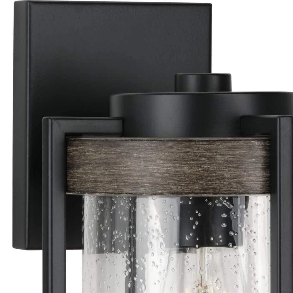 Whitmire 1-Light Matte Black with Aged Oak Accents Clear Seeded Glass Farmhouse Outdoor Wall Lantern Sconce by Progress Lighting 6 Whitmire 1-Light Matte Black with Aged Oak Accents Clear Seeded Glass Farmhouse Outdoor Wall Lantern Sconce by Progress Lighting - Image 4
