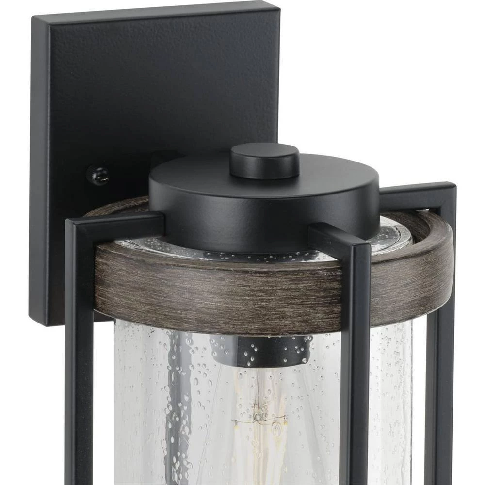 Whitmire 1-Light Matte Black with Aged Oak Accents Clear Seeded Glass Farmhouse Outdoor Wall Lantern Sconce by Progress Lighting 7 Whitmire 1-Light Matte Black with Aged Oak Accents Clear Seeded Glass Farmhouse Outdoor Wall Lantern Sconce by Progress Lighting - Image 5