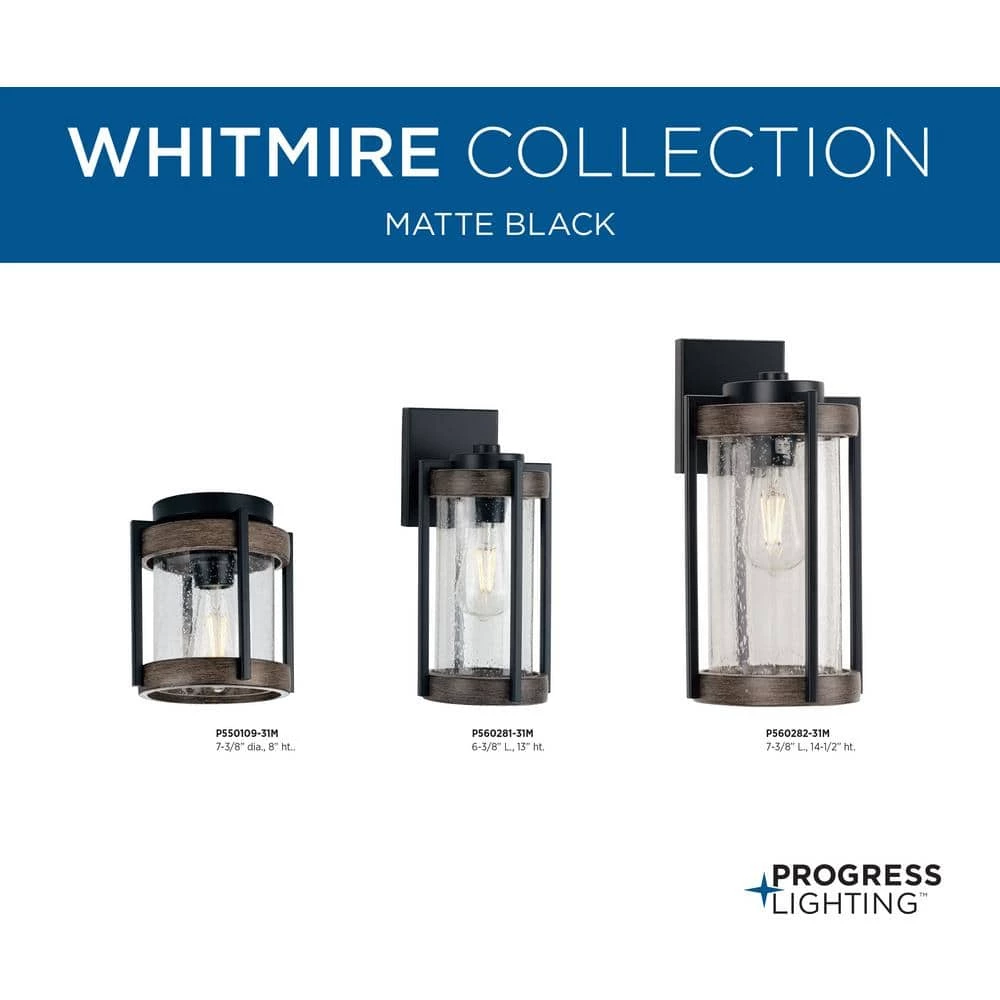 Whitmire 1-Light Matte Black with Aged Oak Accents Clear Seeded Glass Farmhouse Outdoor Wall Lantern Sconce by Progress Lighting 4 Whitmire 1-Light Matte Black with Aged Oak Accents Clear Seeded Glass Farmhouse Outdoor Wall Lantern Sconce by Progress Lighting - Image 2
