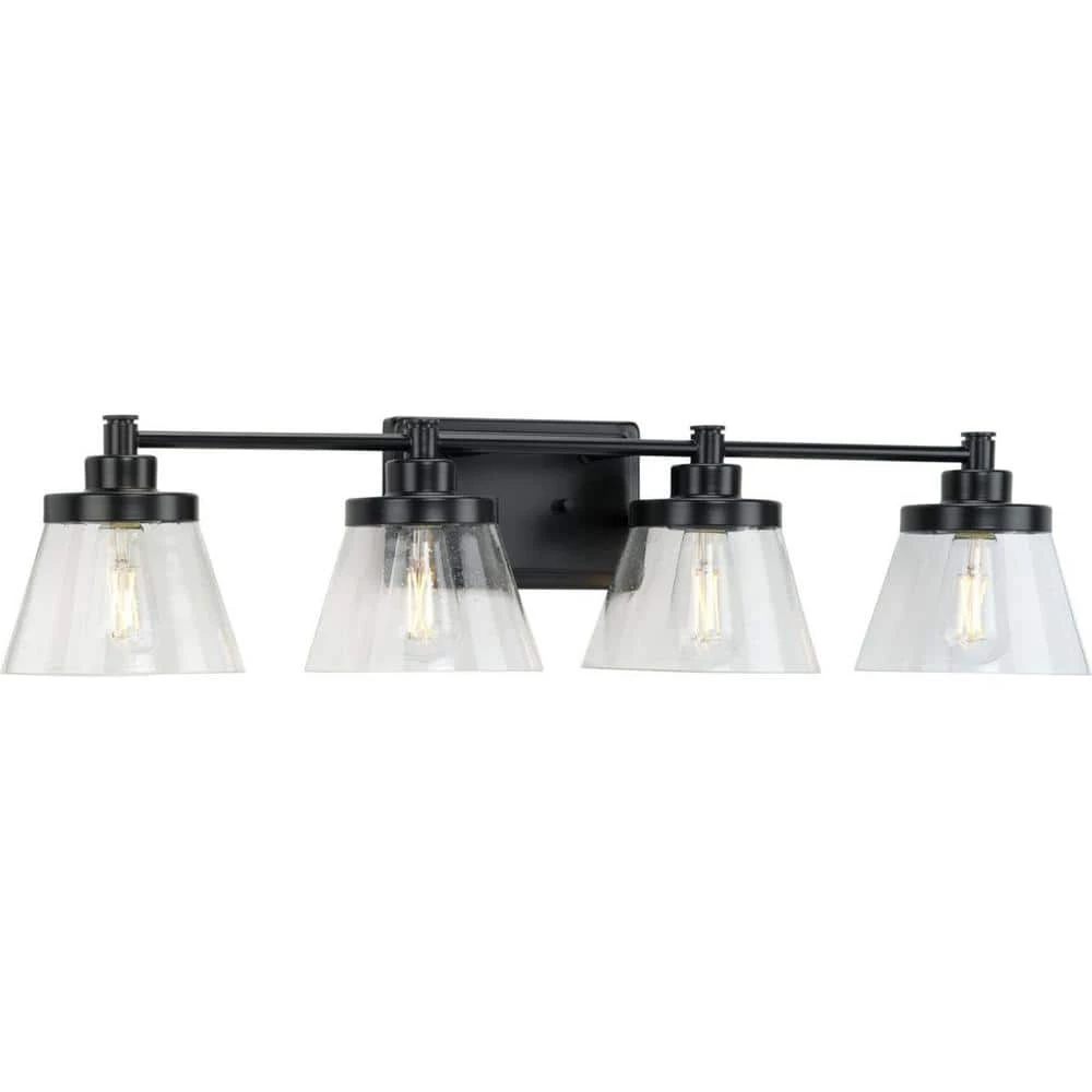 Hinton 33.5 in. 4-Light Matte Black Clear Seeded Glass Farmhouse Bath Vanity Light by Progress Lighting 3 Hinton 33.5 in. 4-Light Matte Black Clear Seeded Glass Farmhouse Bath Vanity Light by Progress Lighting