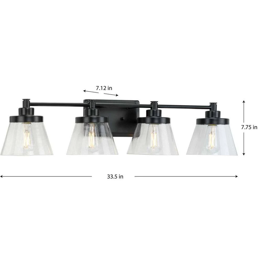 Hinton 33.5 in. 4-Light Matte Black Clear Seeded Glass Farmhouse Bath Vanity Light by Progress Lighting 7 Hinton 33.5 in. 4-Light Matte Black Clear Seeded Glass Farmhouse Bath Vanity Light by Progress Lighting - Image 5