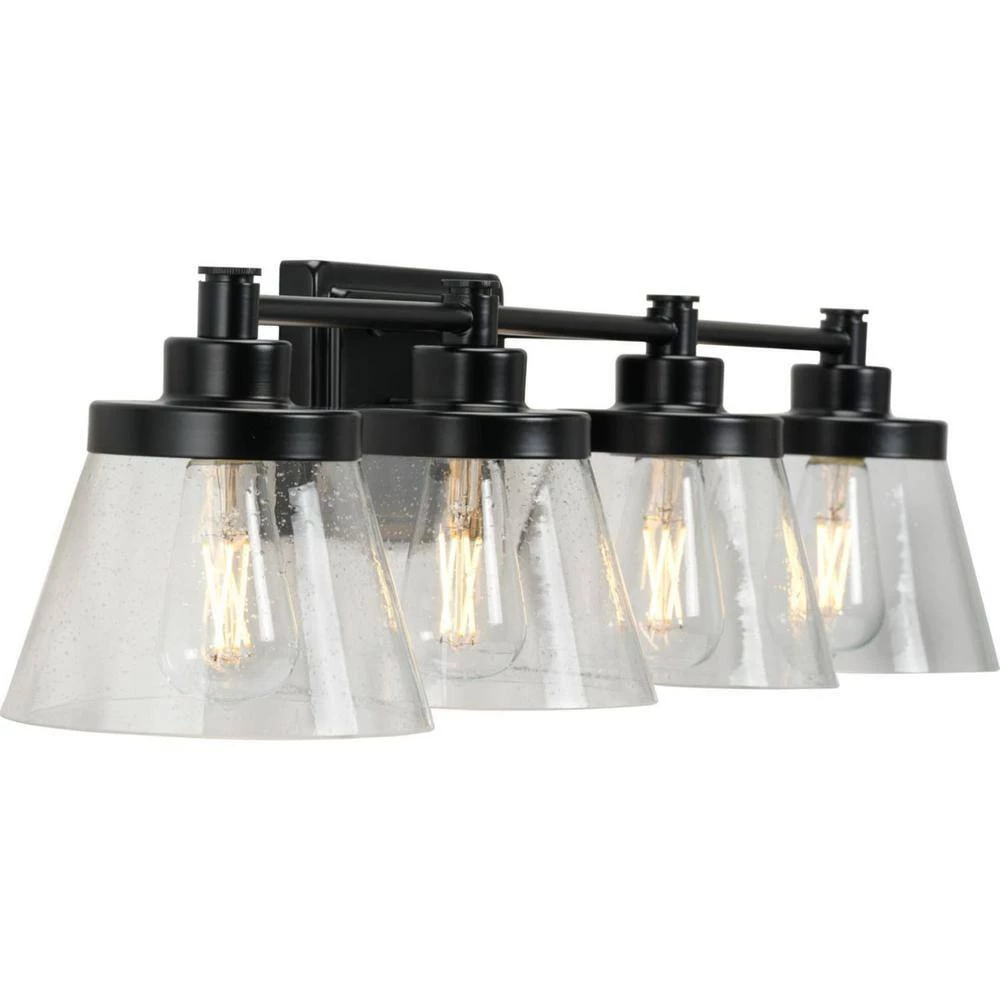 Hinton 33.5 in. 4-Light Matte Black Clear Seeded Glass Farmhouse Bath Vanity Light by Progress Lighting 12 Hinton 33.5 in. 4-Light Matte Black Clear Seeded Glass Farmhouse Bath Vanity Light by Progress Lighting - Image 10