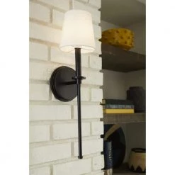 Metro 5.5 in. 1-Light Matte Black New Traditional Wall Sconce with Summer Linen Shade by Progress Lighting -Progress Lighting Shop matte black progress lighting vanity lighting p710016 31m 4f 1000