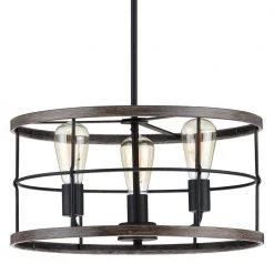 Fairforest 3-Light Matte Black with Aged Oak Accents Chandelier by Progress Lighting