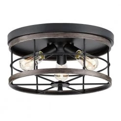 Fairforest Collection 15.75 in. 3-Light Matte Black Farmhouse Flush Mount with Aged Oak Accents by Progress Lighting