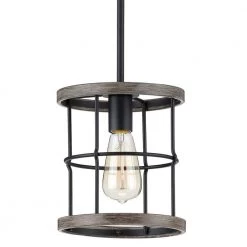Fairforest 1-Light Matte Black with Aged Oak Accents Mini-Pendant by Progress Lighting