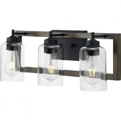 Truxel 7 in. 3-Light Matte Black Vanity Light with Walnut Wood Accents and Clear Seeded Glass Shades by Progress Lighting