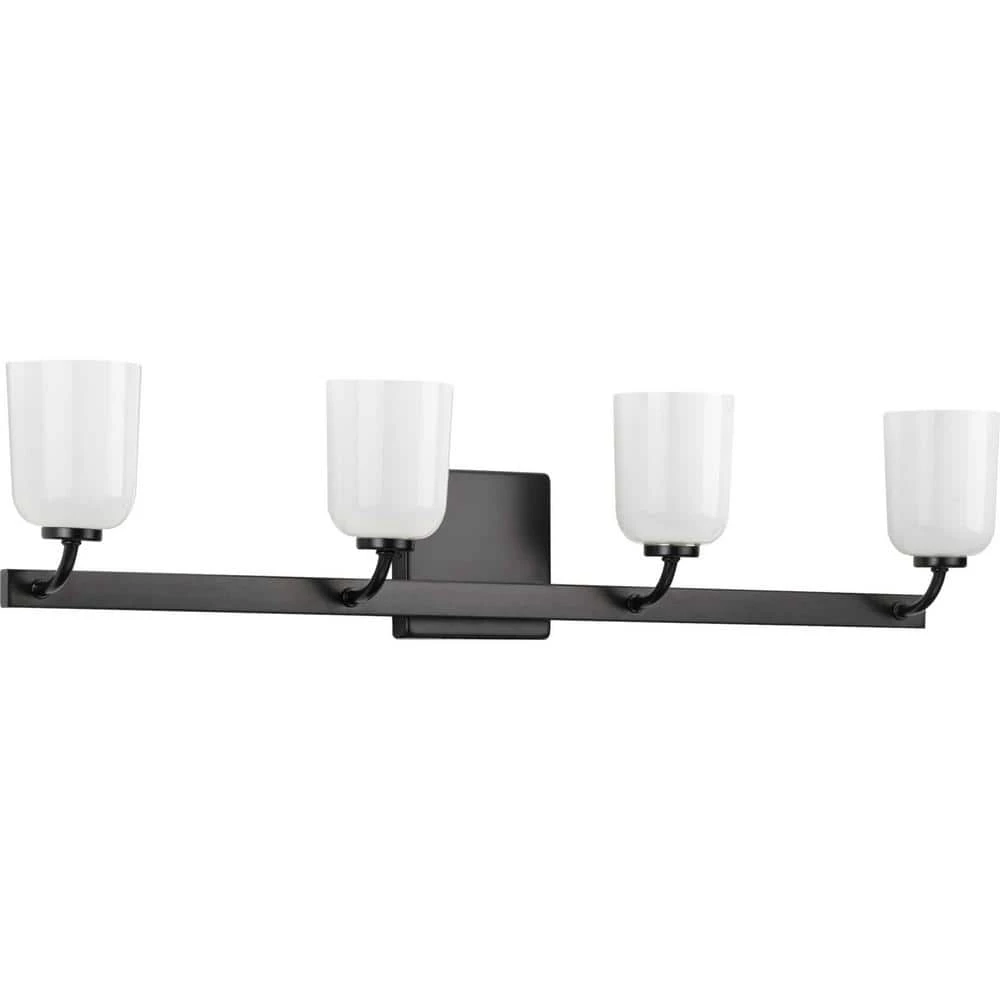 Moore Collection 4-Light Matte Black White Opal Glass Luxe Bath Vanity Light by Progress Lighting 3 Moore Collection 4-Light Matte Black White Opal Glass Luxe Bath Vanity Light by Progress Lighting