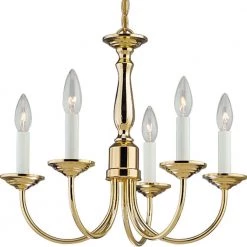 Five-Light Polished Brass White Candles Traditional Chandelier Light by Progress Lighting