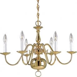 Americana Collection 6-Light Polished Brass White Candle Traditional Chandelier Light by Progress Lighting