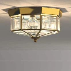 3-Light Polished Brass Clear Beveled Glass Traditional Indoor Outdoor 9-3/4" Flush Mount Light by Progress Lighting -Progress Lighting Shop polished brass progress lighting flush mount lights p5788 10 4f 1000