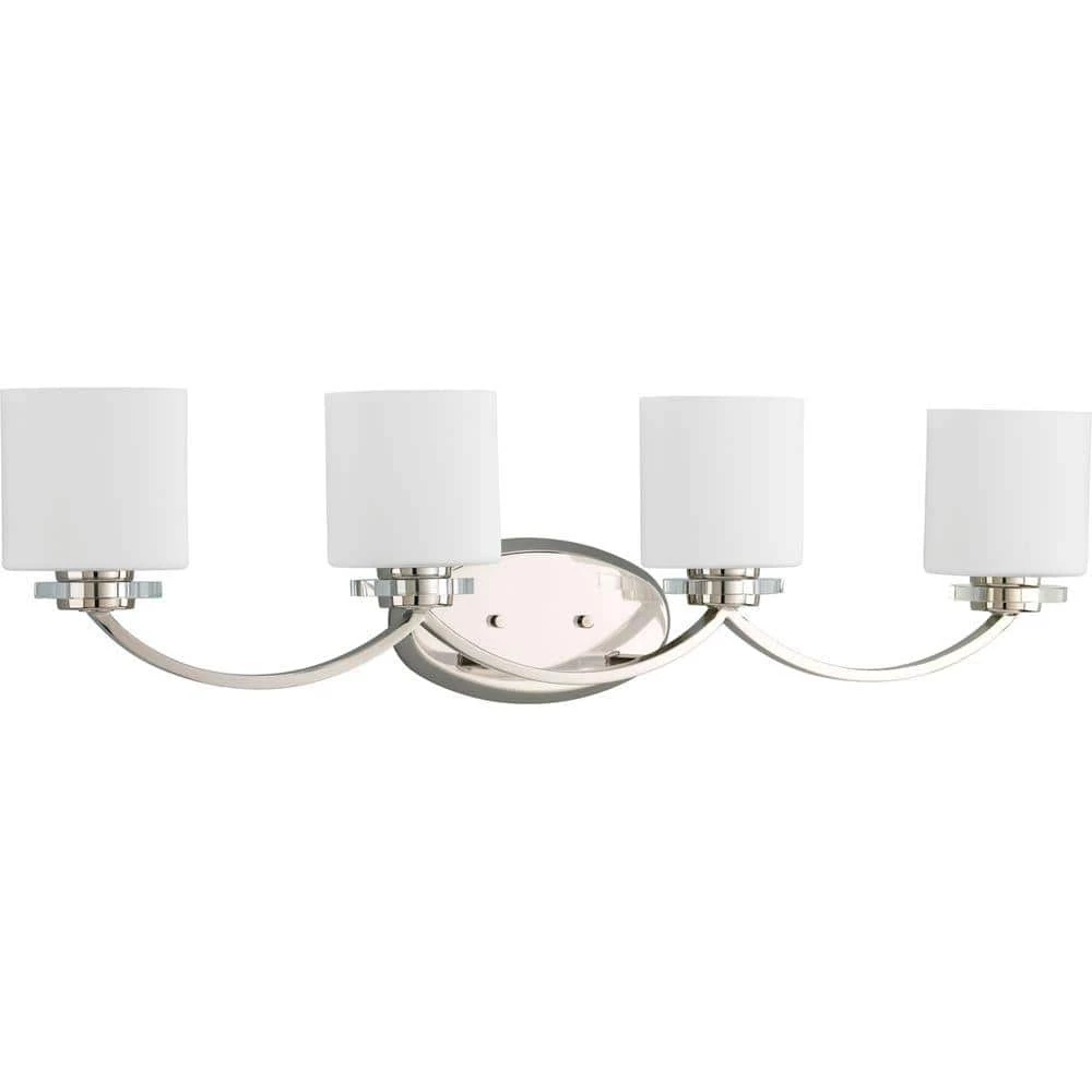 Nisse Collection 4-Light Polished Nickel Opal Etched Glass Luxe Bath Vanity Light by Progress Lighting 3 Nisse Collection 4-Light Polished Nickel Opal Etched Glass Luxe Bath Vanity Light by Progress Lighting