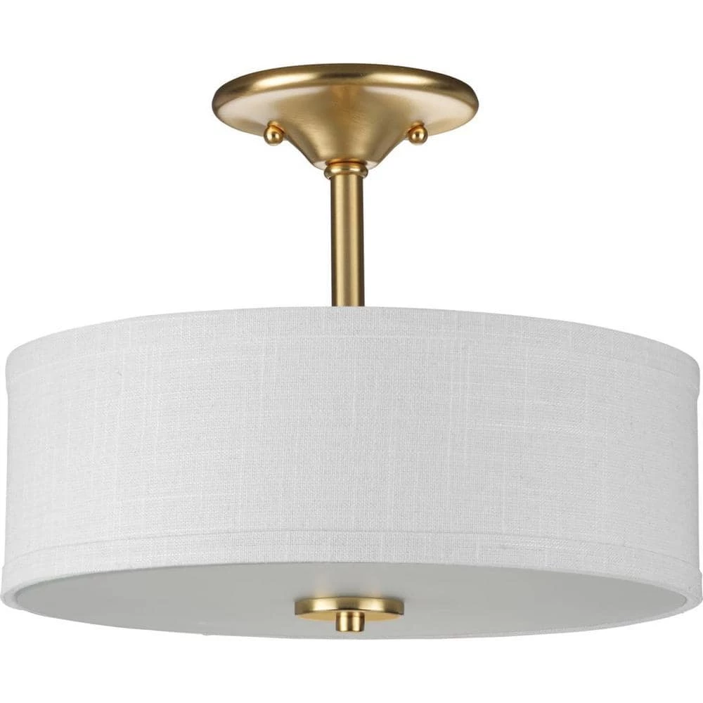 Inspire Collection 2-Light Satin Brass Summer Linen Shade New Traditional Semi-Flush Light by Progress Lighting 3 Inspire Collection 2-Light Satin Brass Summer Linen Shade New Traditional Semi-Flush Light by Progress Lighting