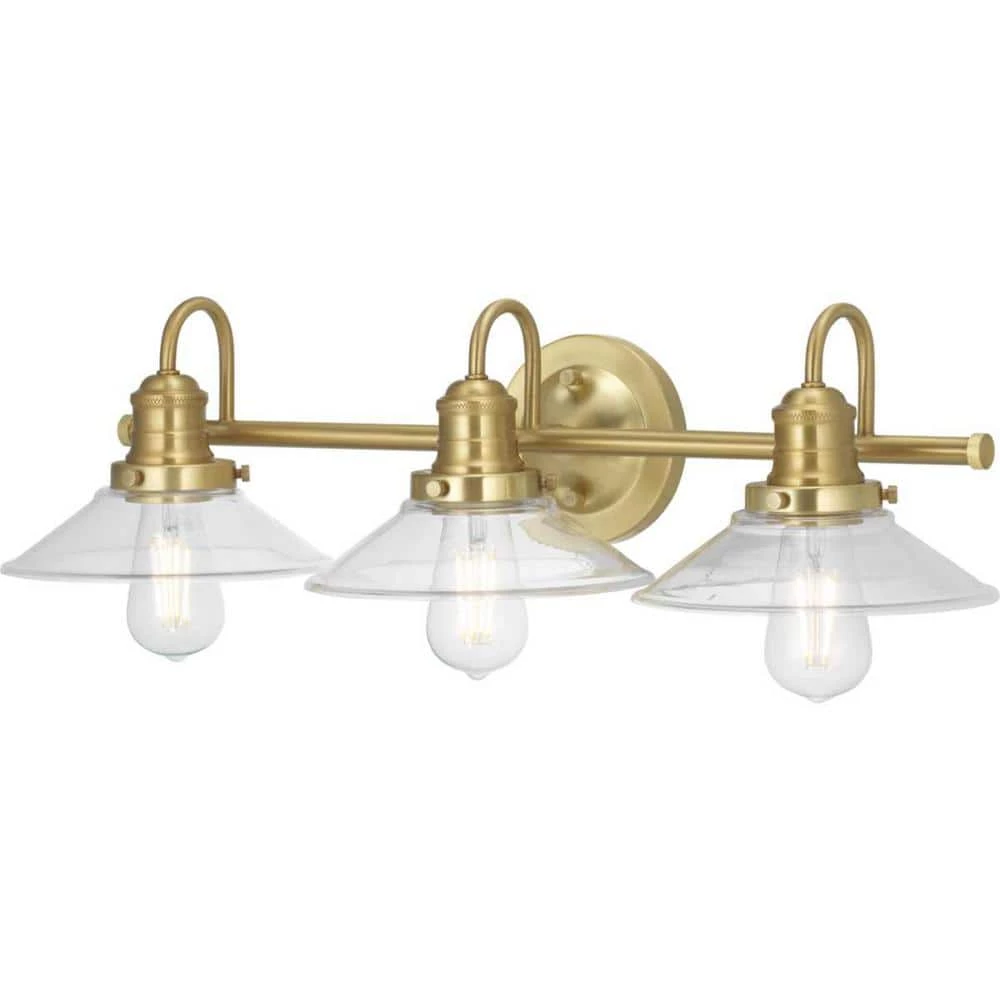 Roscrea 4.8 in. 3-Light Satin Brass Vanity Light with Clear Glass Shades by Progress Lighting 3 Roscrea 4.8 in. 3-Light Satin Brass Vanity Light with Clear Glass Shades by Progress Lighting