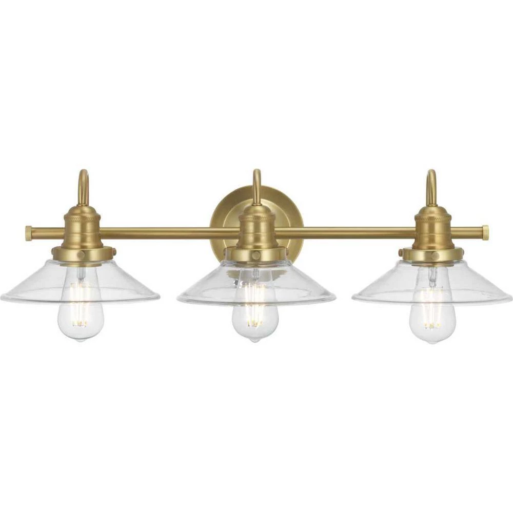 Roscrea 4.8 in. 3-Light Satin Brass Vanity Light with Clear Glass Shades by Progress Lighting 4 Roscrea 4.8 in. 3-Light Satin Brass Vanity Light with Clear Glass Shades by Progress Lighting - Image 2