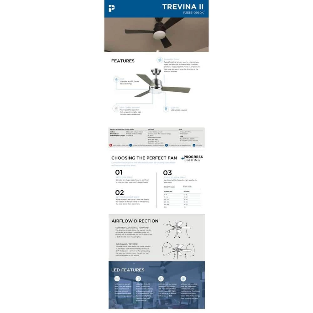 Trevina II 44 in. Integrated LED Brushed Nickel Ceiling Fan with Light by Progress Lighting 5 Trevina II 44 in. Integrated LED Brushed Nickel Ceiling Fan with Light by Progress Lighting - Image 3