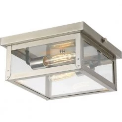 Union Square Collection 2-Light Stainless Steel Clear Flat Glass Farmhouse Outdoor Close-to-Ceiling Light by Progress Lighting