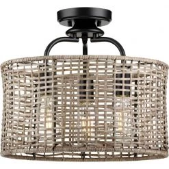 Lavelle Collection 15-5/8 in. 3-Light Natural Rattan Textured Black Global Semi-Flush Mount or Hanging Ceiling Light by Progress Lighting