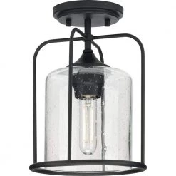 Watch Hill 1-Light Textured Black Clear Seeded Glass Farmhouse Semi-Flush Light by Progress Lighting