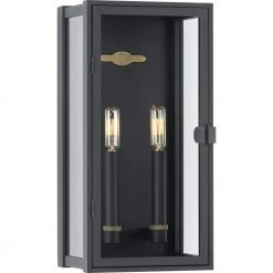 Statue Collection 2-Light Textured Black Clear Glass Transitional Outdoor Medium Wall Lantern Light by Progress Lighting