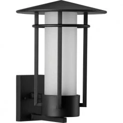 Exton Collection 1-Light Textured Black Etched Seeded Glass Modern Outdoor Large Wall Lantern Light by Progress Lighting