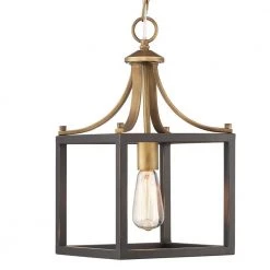Boswell Quarter 1-Light Vintage Brass Mini-Pendant with Painted Black Distressed Wood Accents by Progress Lighting