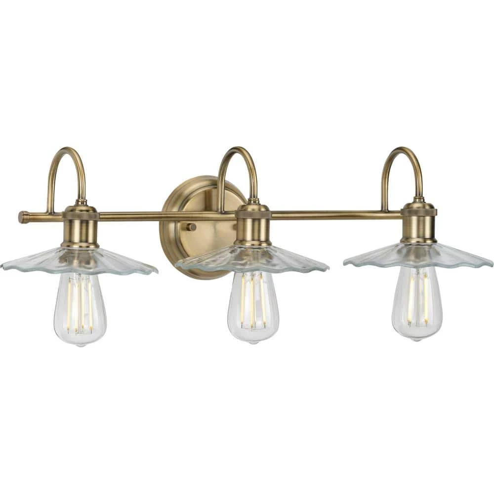 Fayette Collection 3-Light Vintage Brass Clear Glass Farmhouse Bath Vanity Light by Progress Lighting 3 Fayette Collection 3-Light Vintage Brass Clear Glass Farmhouse Bath Vanity Light by Progress Lighting